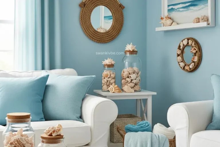 Budget-friendly coastal decor with shells, rope, and soft blue tones