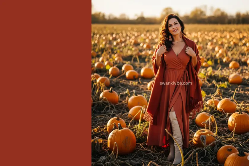 Woman in a terracotta wrap dress, ivory ankle boots, and rust shawl, styled for fall in a golden pumpkin patch.