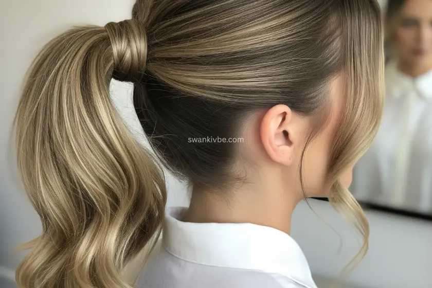 Sleek high ponytail styled with smooth sides and a wrapped hair base.