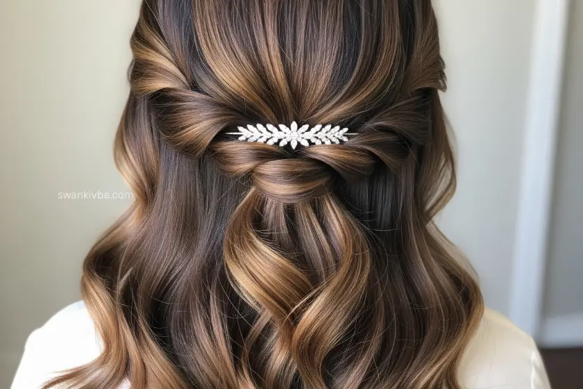 Twisted half-up hairstyle with cascading waves and a floral clip accent.