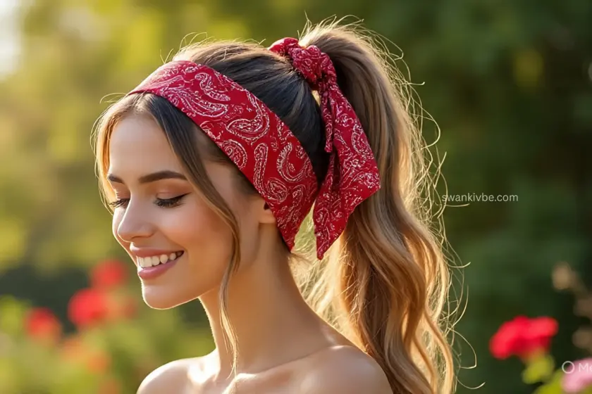  Stylish ponytail wrapped with a knotted bandana for a bold amusement park look.