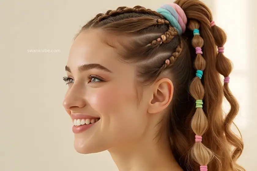  Trendy bubble braid with evenly spaced sections and a soft, voluminous finish.
