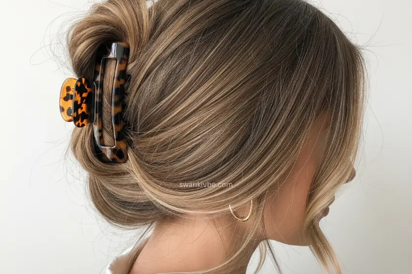 Twisted claw clip hairstyle with loose waves and a relaxed, effortless finish.