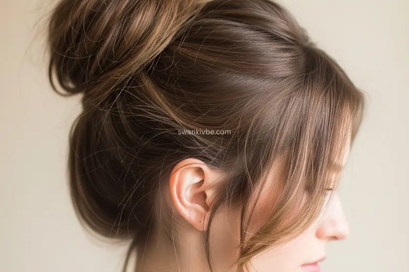 Effortless messy bun with tousled texture and volume at the crown.