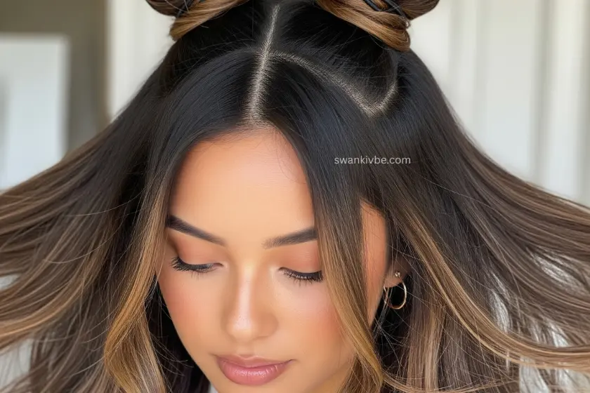 Half-up space buns styled with playful flair and soft lower hair flow.