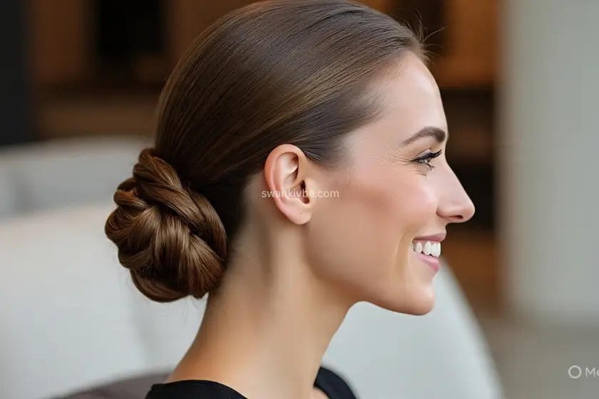 Sleek low bun created from a braid, secured neatly at the nape.