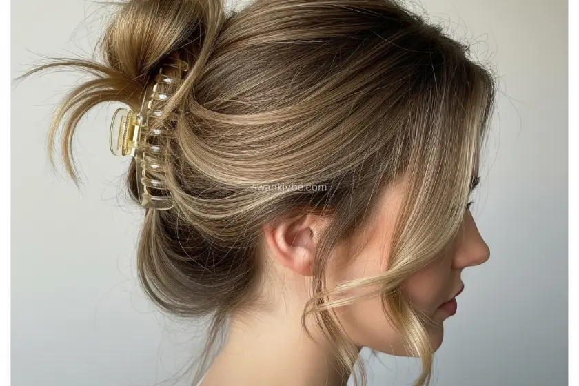 Casual claw clip updo with soft loose strands and retro flair.