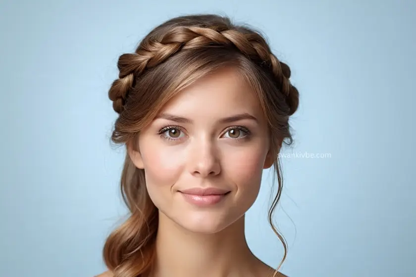 Dutch braided crown with tightly woven texture and elegant curves.