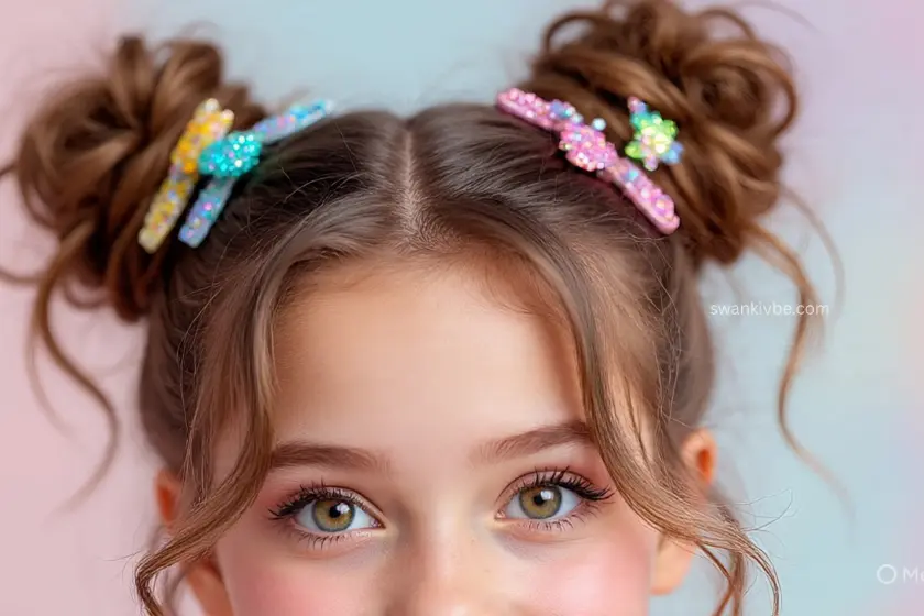 Playful messy space buns styled high on the head with a relaxed finish.
