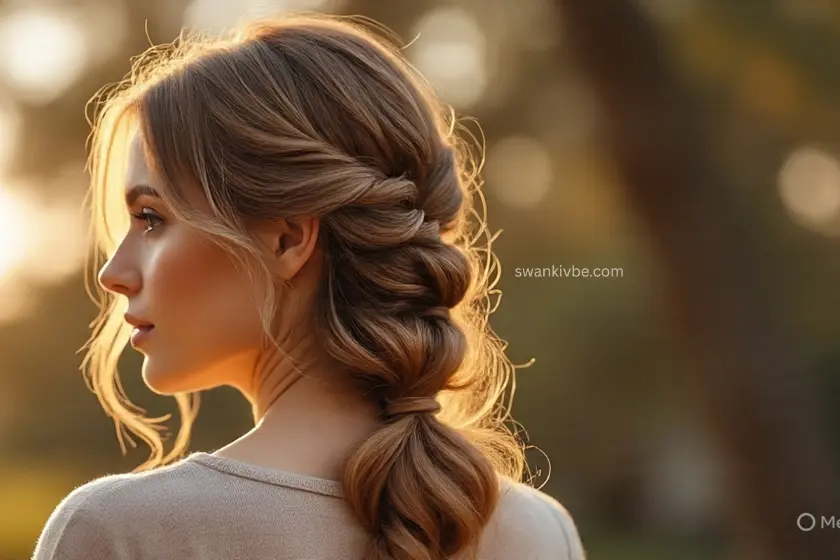 Loose side fishtail braid draped over one shoulder, styled for a soft, whimsical look.