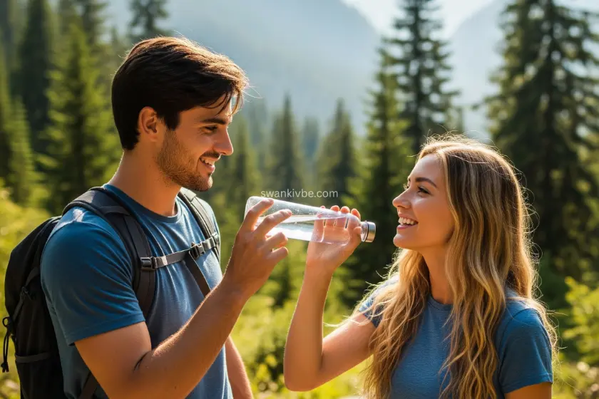 A couple pausing on a forest trail, sharing a water bottle with mountains in the background.