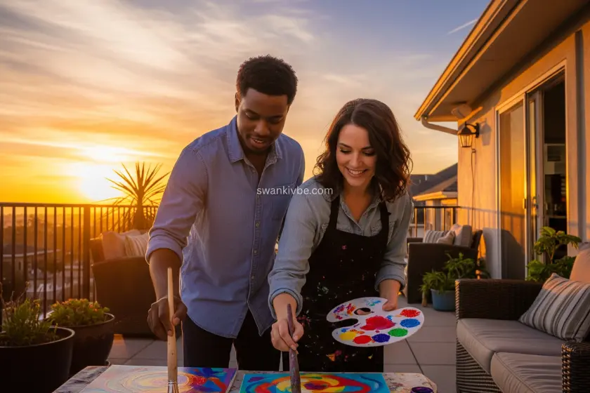  A couple painting canvases on a patio, with colorful acrylics and a sunset view.