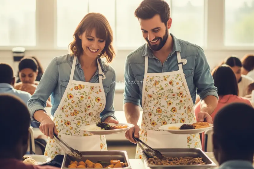 A couple serving food at a community kitchen, wearing aprons and smiling.