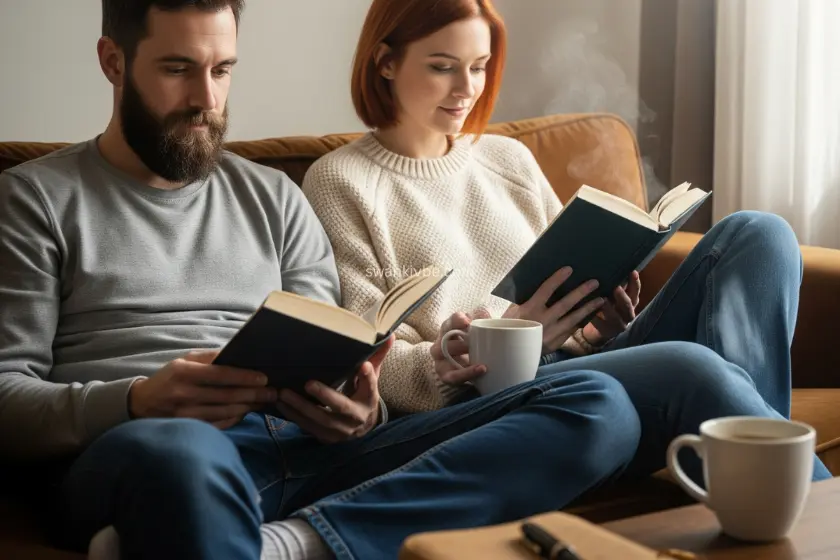  A couple reading books on a cozy couch, with coffee mugs and a notebook.