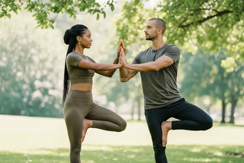  A couple practicing partner yoga in a park, balancing in a tree pose together.