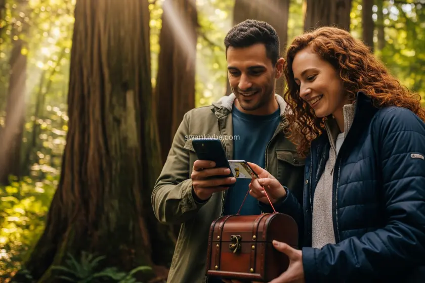  A couple using a smartphone to find a geocache in a forest, holding a small treasure box.