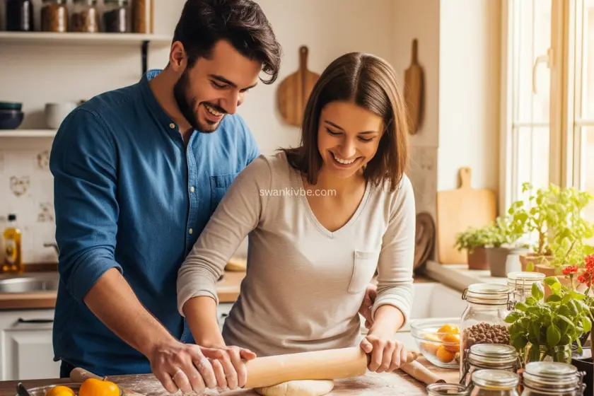  A couple rolling dough together in a cozy kitchen, surrounded by colorful ingredients.
