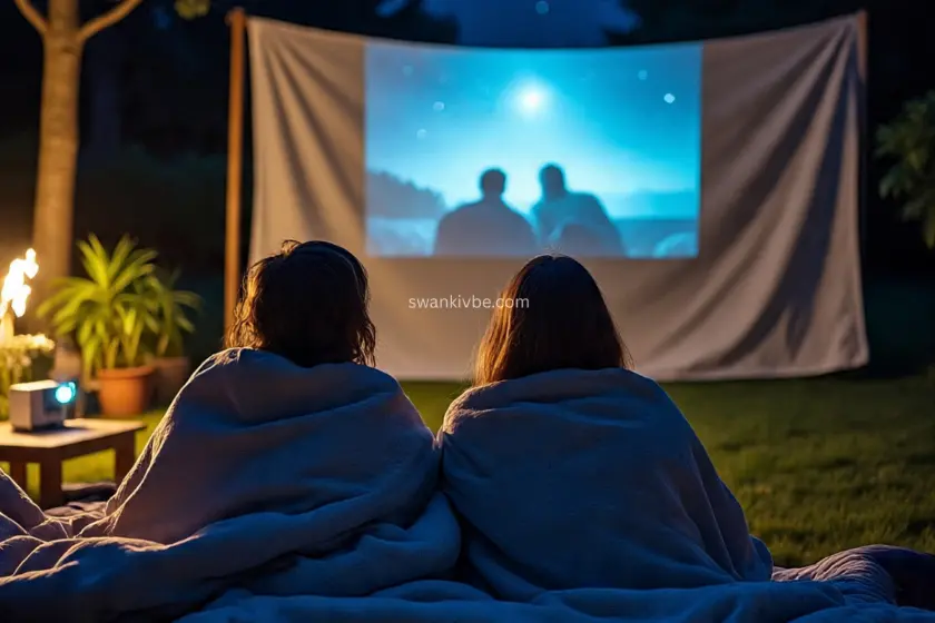 A couple curled up under blankets, watching a projector movie in their backyard.