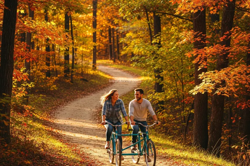 A couple riding tandem bikes on a scenic trail, surrounded by autumn trees.