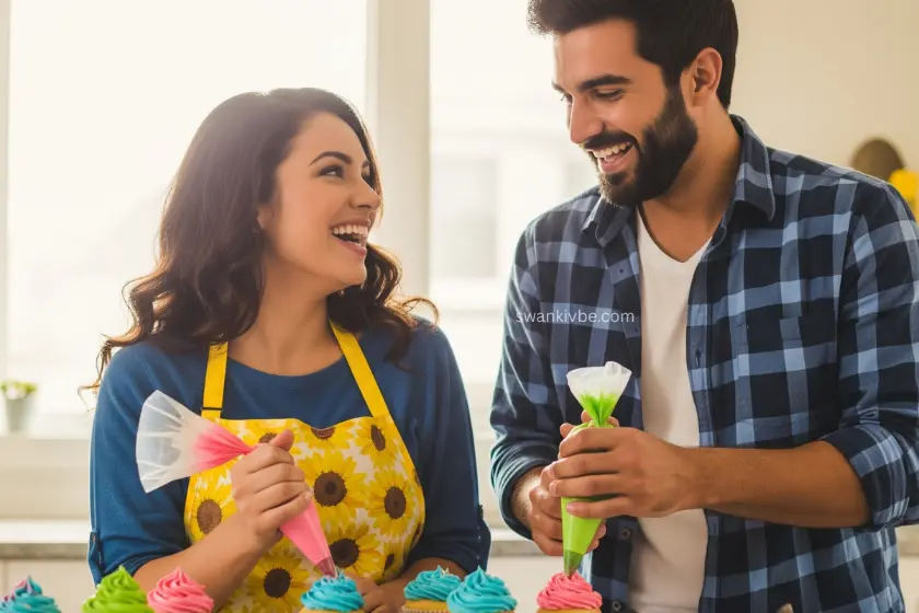  A couple decorating cupcakes in a kitchen, with colorful icing and sprinkles scattered.