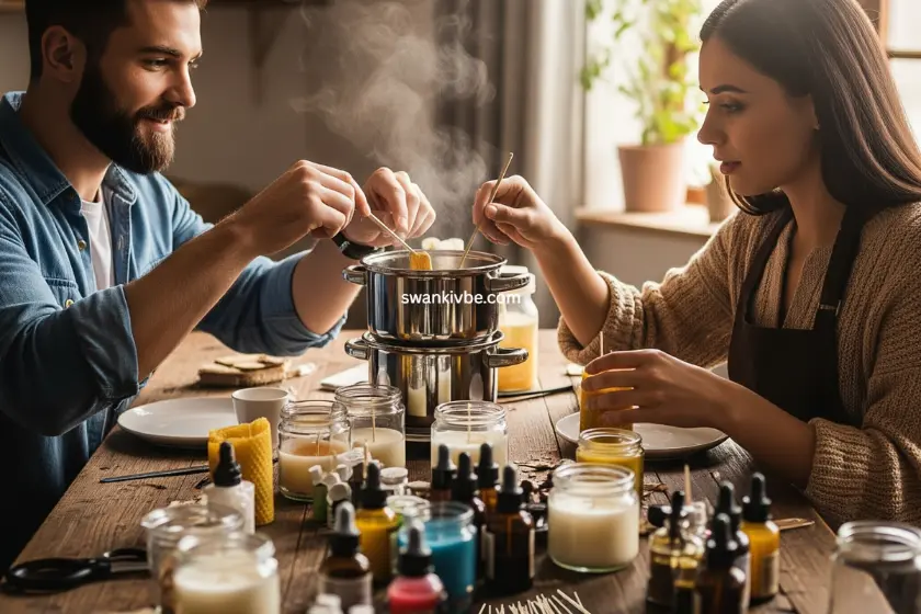  A couple making candles at a table, with wax, wicks, and colorful dyes around them.