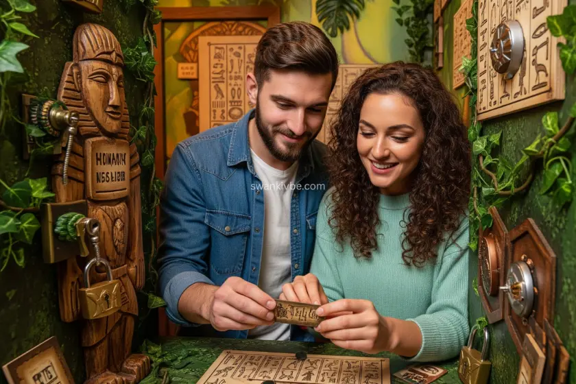A couple solving a puzzle in a themed escape room, surrounded by clues and locks.