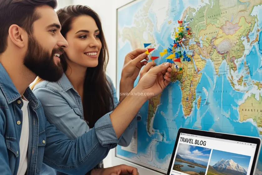 A couple pinning a world map with dream destinations, laptops open with travel blogs.