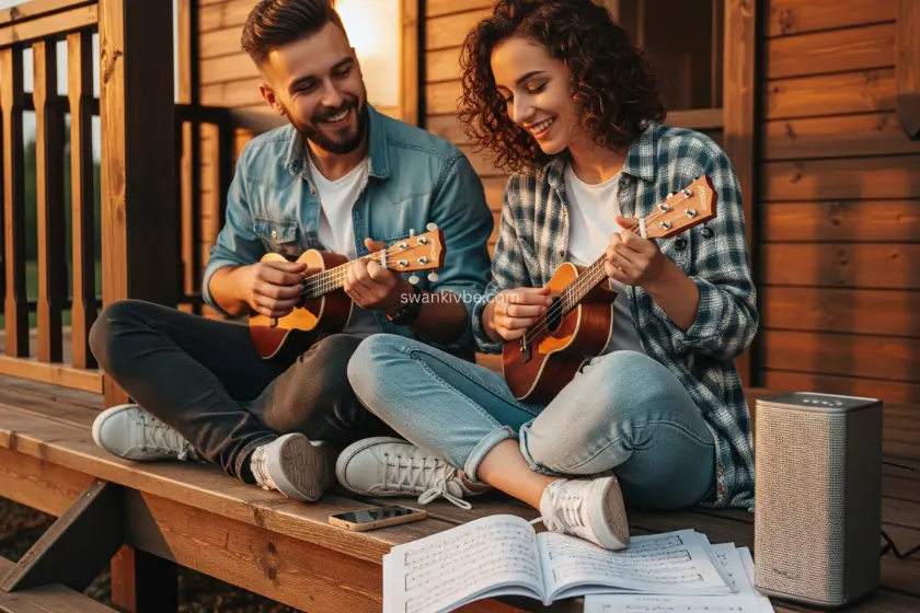 A couple strumming ukuleles on a porch, with sheet music and a Bluetooth speaker.