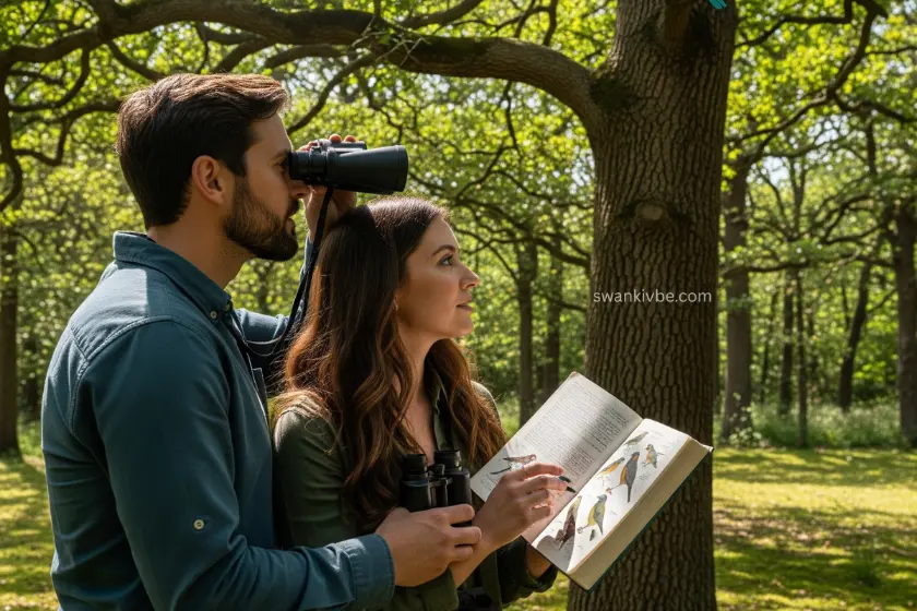 A couple with binoculars in a forest, spotting a bird in a tree with a field guide.