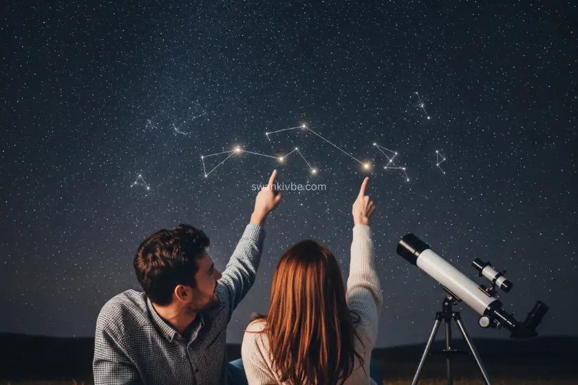 A couple lying on a blanket under a starry sky, pointing at constellations with a telescope nearby.