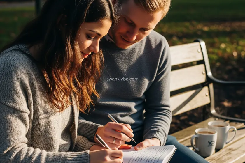  A couple writing in a shared journal on a park bench, with coffee cups nearby.