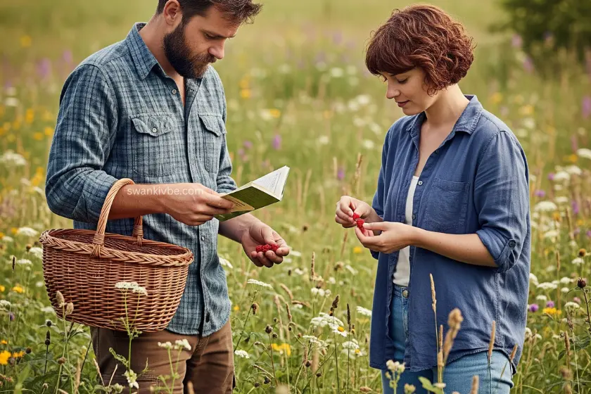 A couple picking wild berries in a meadow, with a guidebook and basket in hand.