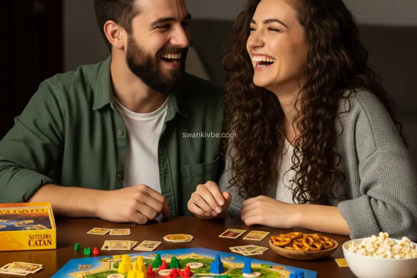 A couple laughing over a board game table with Settlers of Catan and snacks.