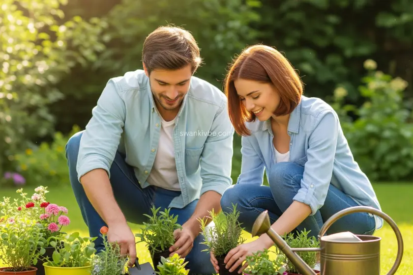 A couple planting herbs in a backyard garden, with colorful pots and a watering can.