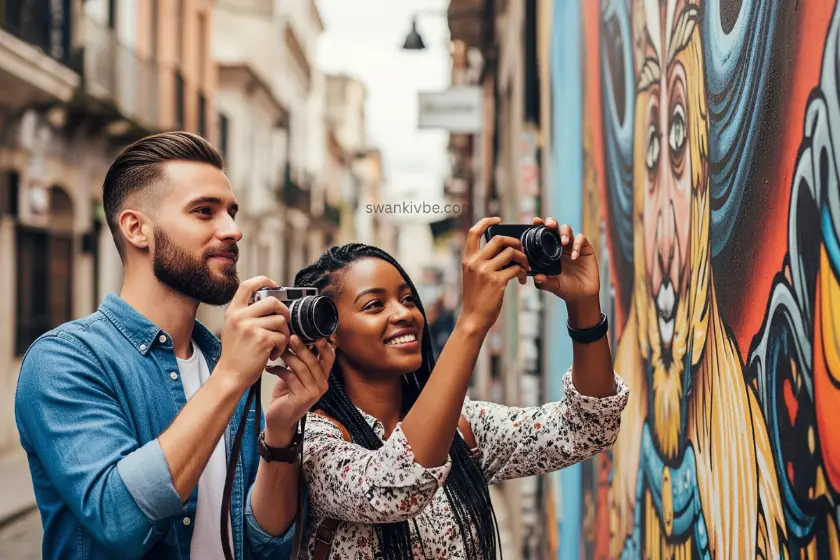 A couple snapping photos of street art in a vibrant city, holding cameras and smiling.