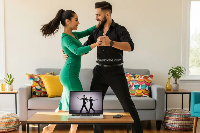 A couple practicing salsa in a living room, with a laptop open to a dance tutorial.