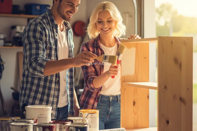 A couple painting a wooden bookshelf in their garage, surrounded by paint cans and tools.