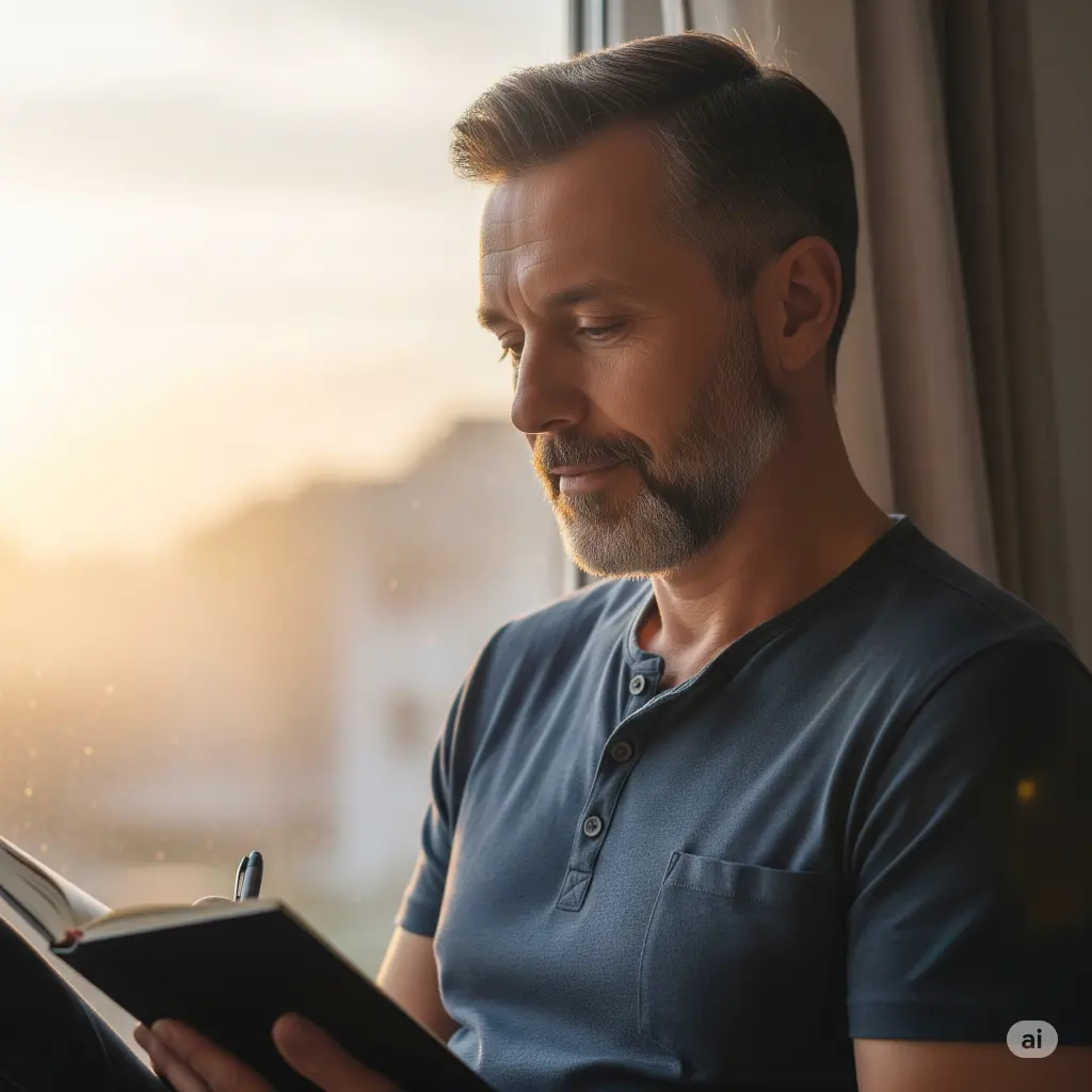 “Morning reflection with journaling to practice positive self-talk.”