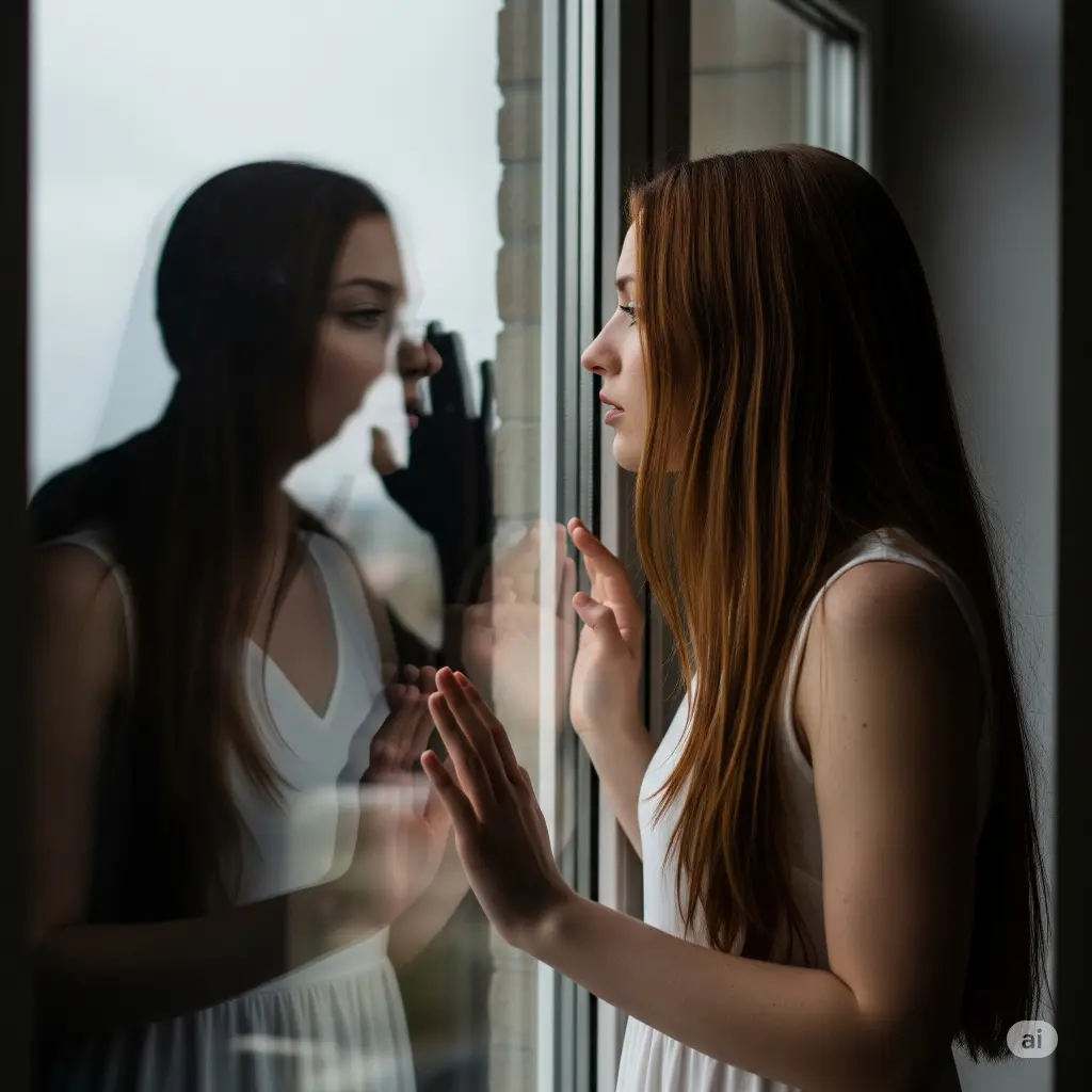 “Inner critic represented as a shadow whispering into a person’s ear.”