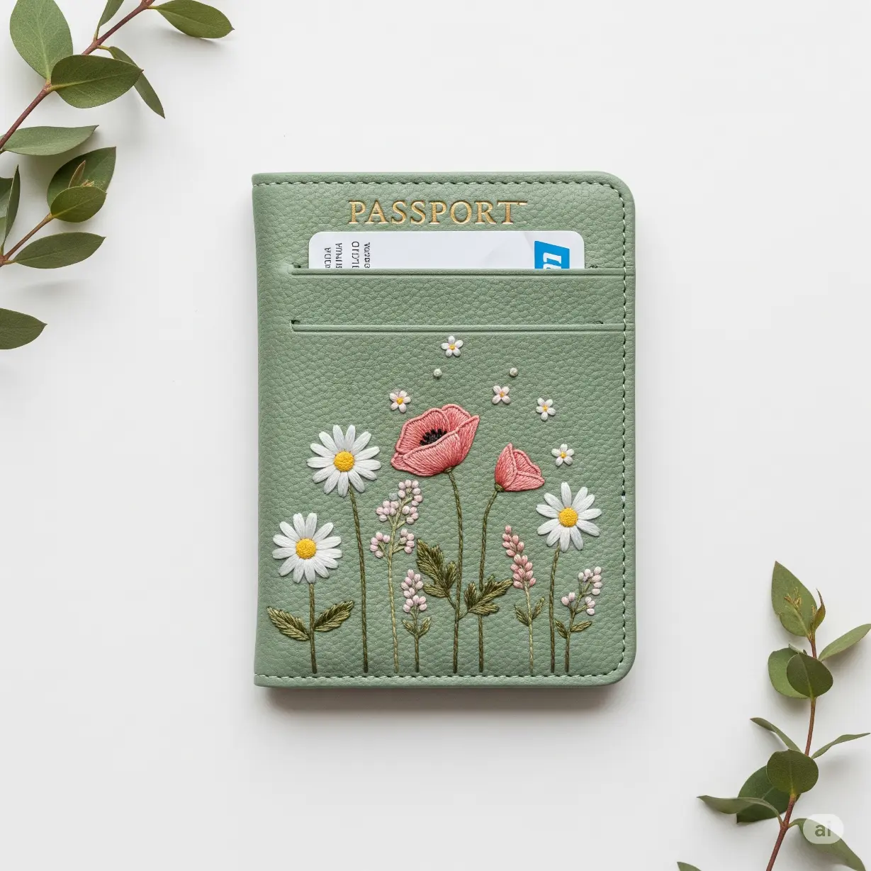 A sage green vegan leather passport cover with delicate hand-stitched wildflowers (daisies, poppies).
