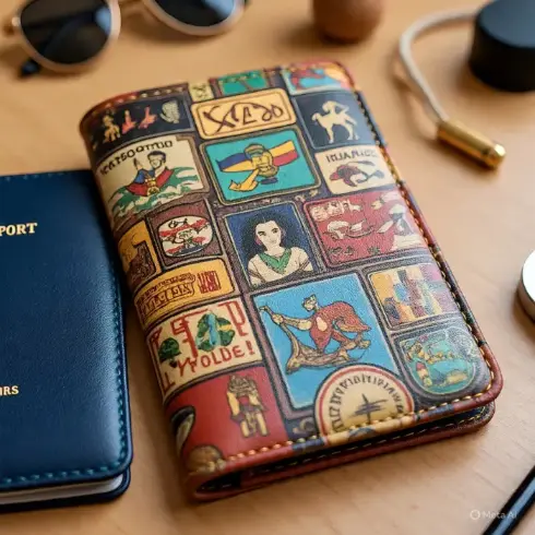 A passport cover featuring a colorful collage of vintage-inspired travel stamps.