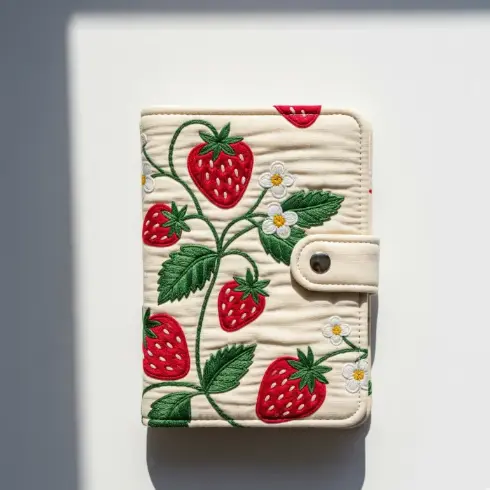 A cream quilted cotton passport cover with red and green strawberry embroidery.