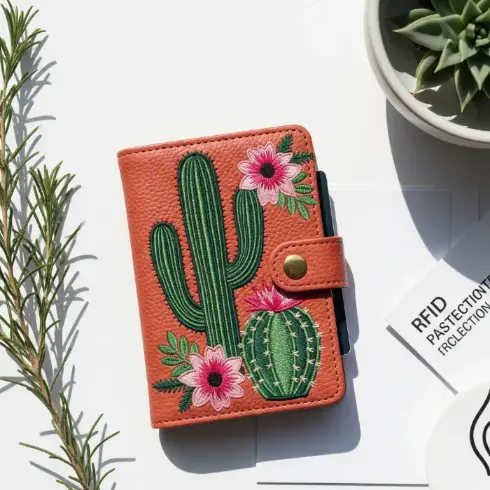 A terracotta vegan leather passport cover with green cactus and pink flower embroidery.

