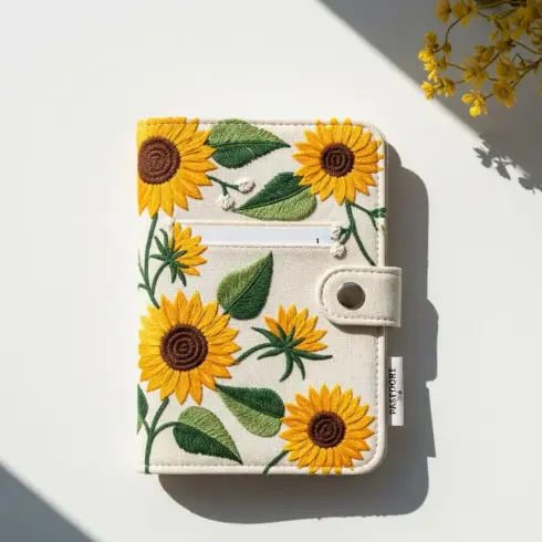 A creamy organic cotton passport cover with vibrant sunflower embroidery in yellow and green.