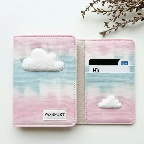  A pastel pink-and-blue tie-dye linen passport cover with fluffy cloud embroidery .
