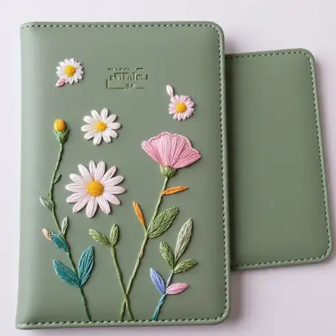  A sage green vegan leather cover with delicate hand-stitched wildflowers (daisies, poppies) in pastel threads.