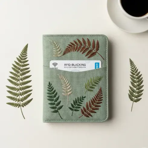 

A sage green organic linen passport cover with fern leaf embroidery in earthy tones.