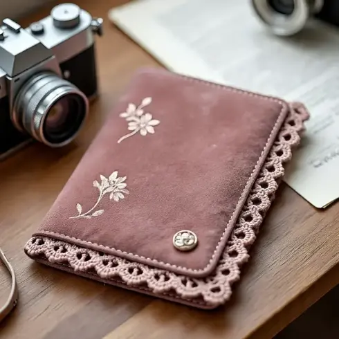A plush dusty rose velvet passport cover with hand-sewn lace edging.