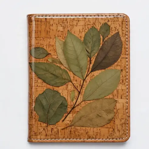 A sustainable cork leather passport cover with real pressed leaves