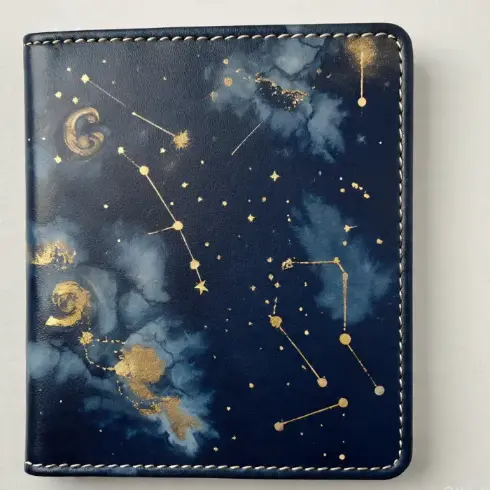 A navy eco-leather cover with a watercolor-style constellation map in gold and white, 